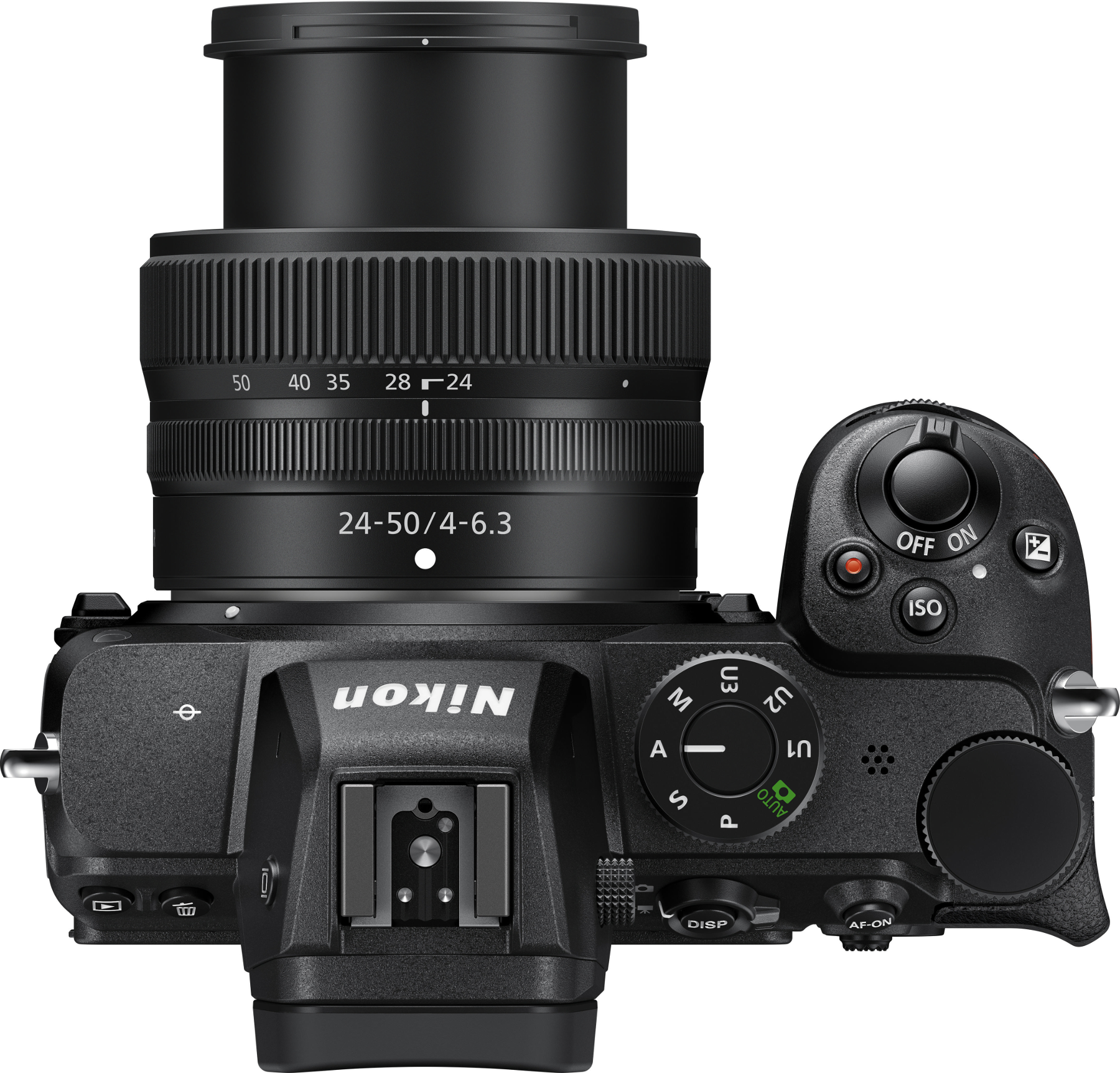 Appareil photo Nikon, vue de dessus, objectif fixé, divers boutons et molette.