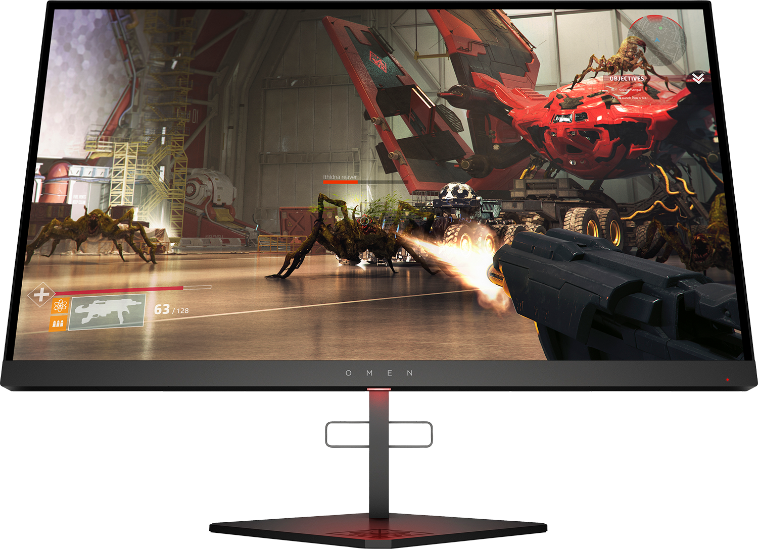 Un moniteur de jeu montrant une scène de bataille avec un grand monstre rouge et des ennemis.