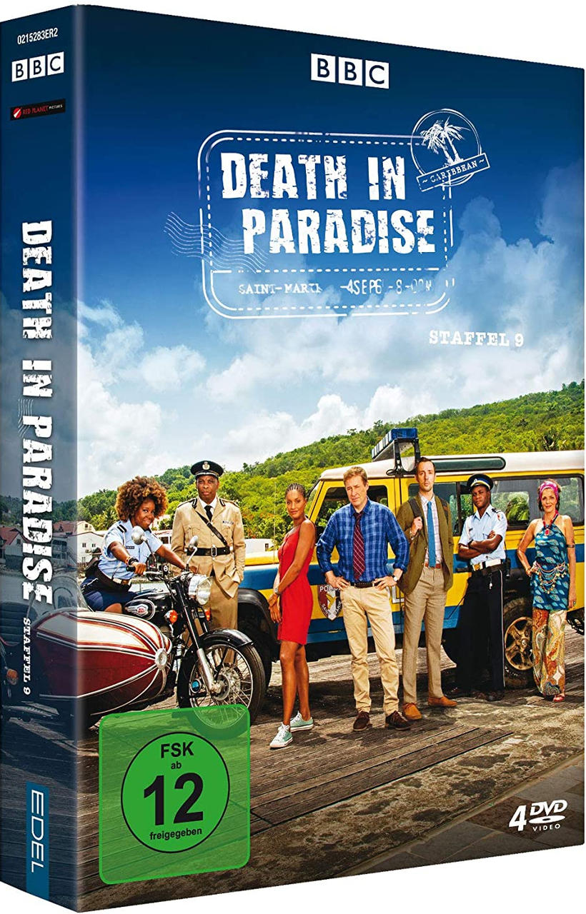 Death in Paradise DVD-Cover mit Personen und einem Motorrad.