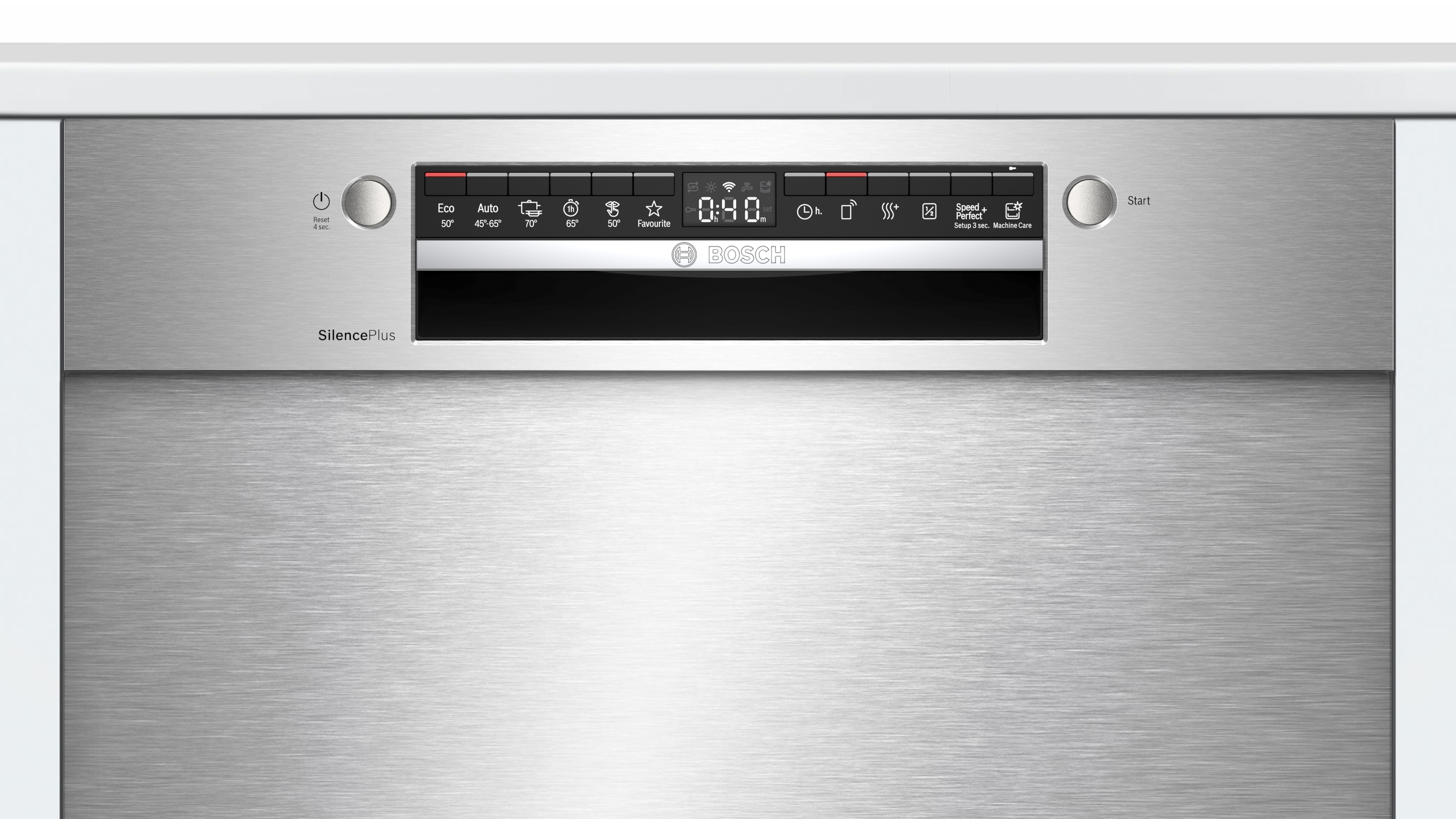 Edelstahl-Geschirrspüler-Bedienfeld. Es zeigt einen digitalen Timer und mehrere Programmoptionen an.