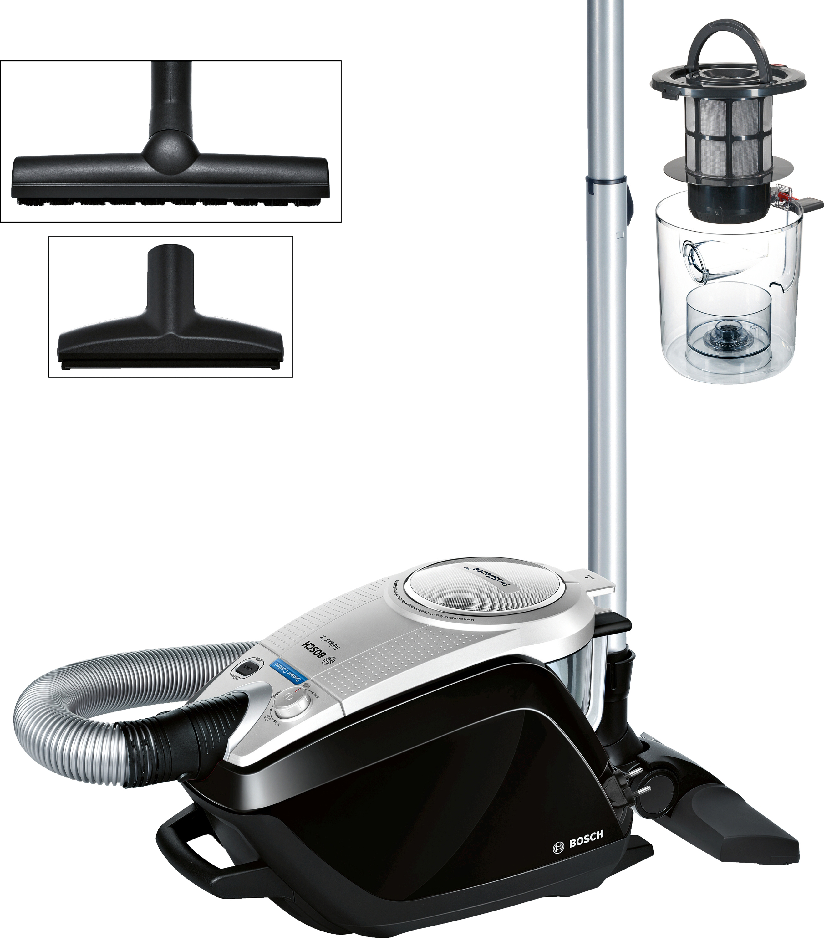 Bosch Staubsauger mit verschiedenen Aufsätzen. Verfügt über ein schwarz-silbernes Design mit Griff und Schlauch.
