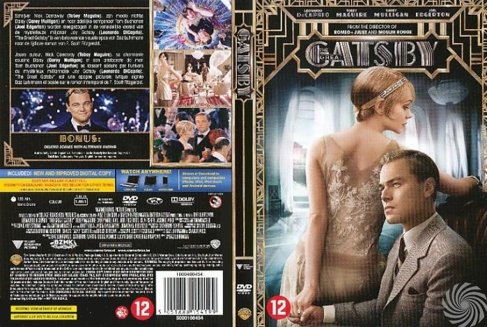 DVD-hoes van 'The Great Gatsby', met Leonardo DiCaprio en Carey Mulligan. Art deco-ontwerp.