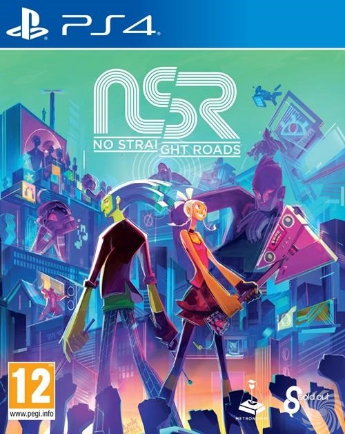 Game cover van 'No Straight Roads' voor PS4. Toont gestileerde personages en een kleurrijke stadsachtergrond.