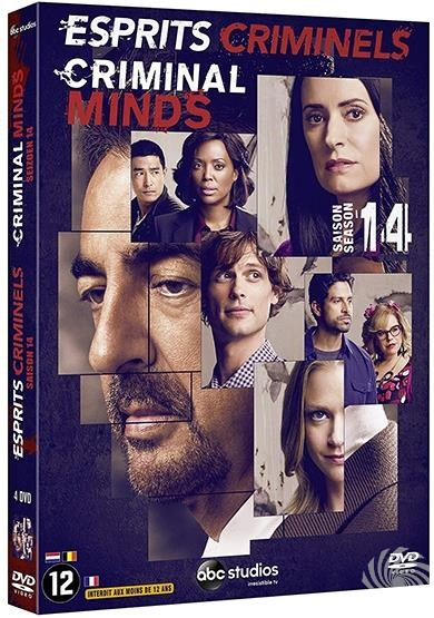 DVD-hoes voor Criminal Minds Seizoen 14. Toont gezichten van castleden en de titel van de show.