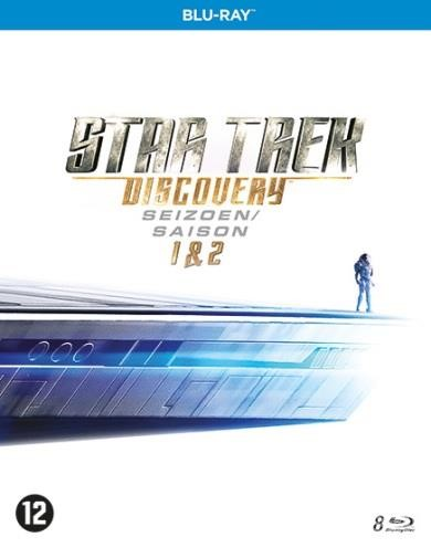 Star Trek Discovery Blu-ray cover. Een figuur staat op een schip. De titel staat hierboven, seizoenen 1 & 2 hieronder. Witte achtergrond.