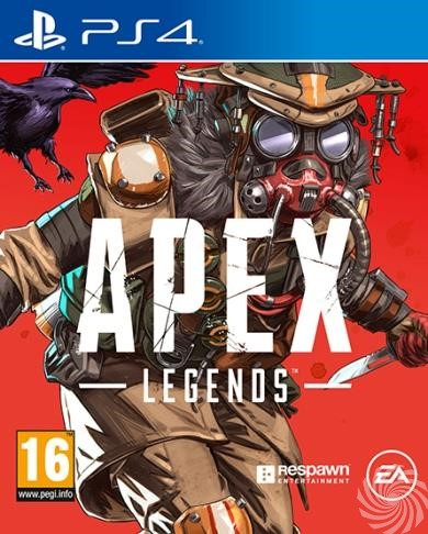 Apex Legends game cover. Een personage met een masker en een kraai. Titel Apex Legends.