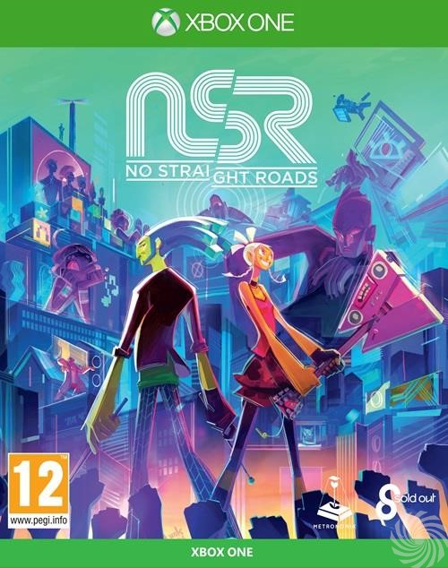 Xbox One game cover van 'No Straight Roads'. Tekenfilmfiguren en een stadsgezicht staan op de cover.