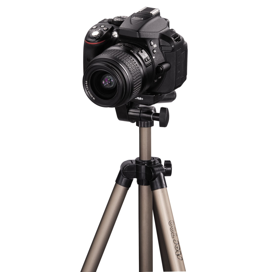 Black DSLR camera mounted on a tripod. The camera lens faces forward.
