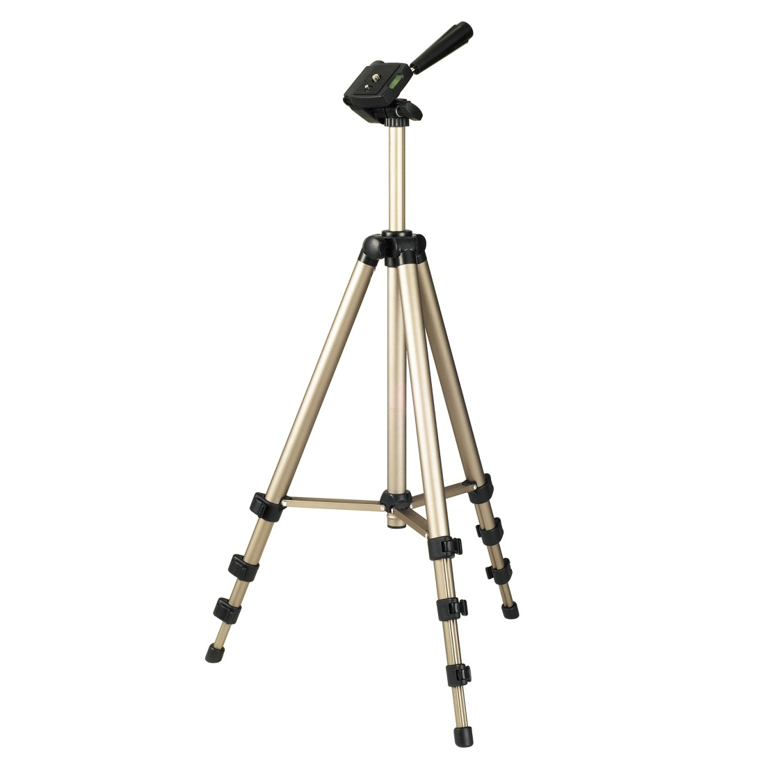 A gold tripod stands on a white background.