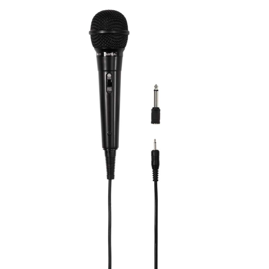 Zwarte microfoon met een mesh-kop, een volumeschakelaar en een kabel. Het is voor karaoke of podiumgebruik.