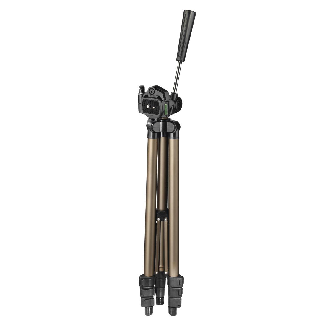 A tripod with three legs, brown, with a camera mount at the top.