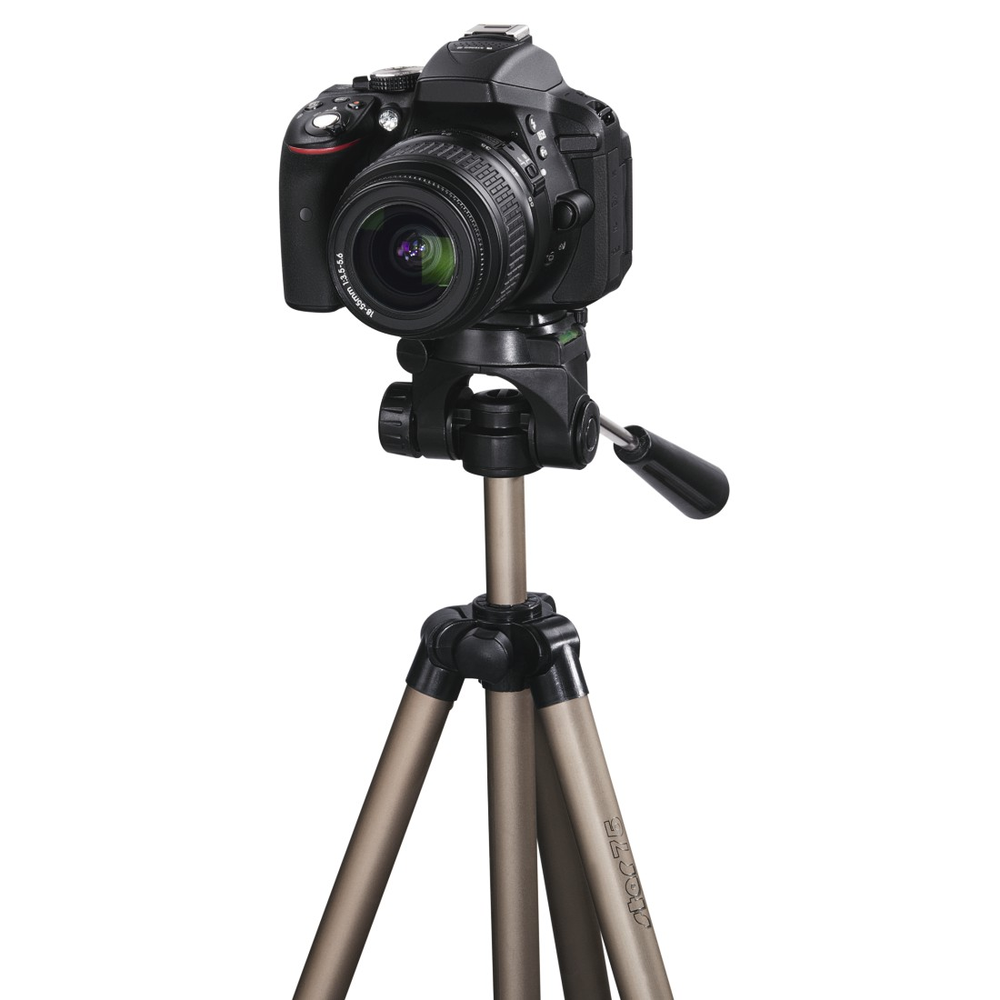 Black camera on a tripod, isolated on white. The camera lens is facing forward.