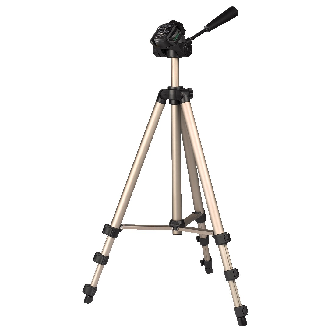 A gold tripod stands on a white surface.