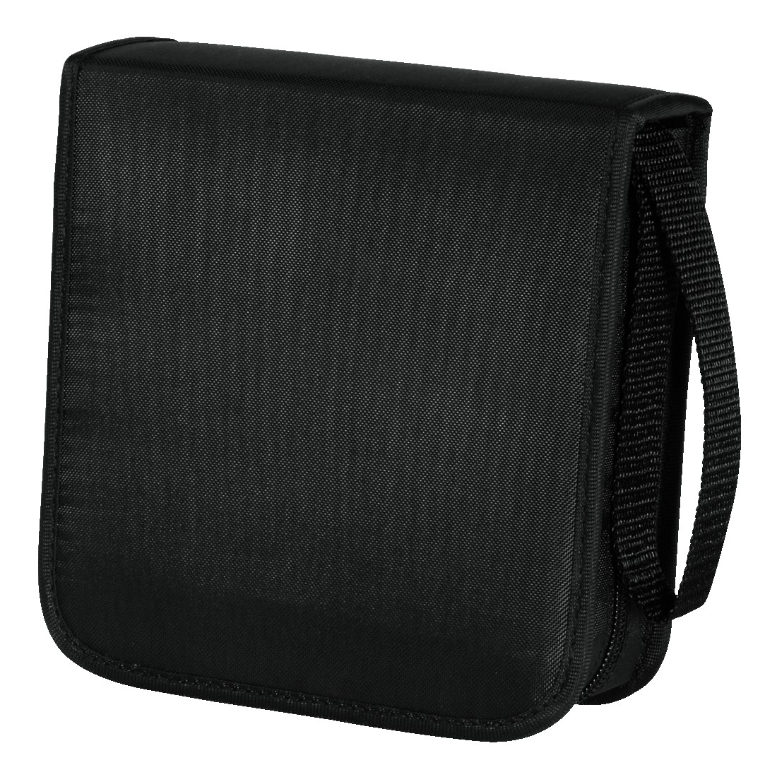 Black CD case with a handle and zipper. It is closed and rectangular.