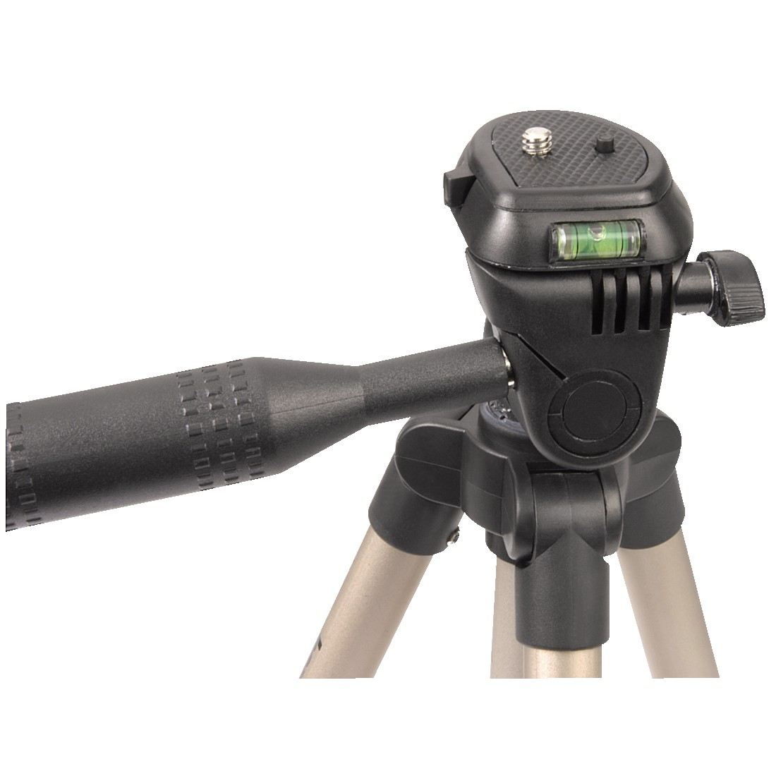 Tripod head with level, black and silver, on a white background.