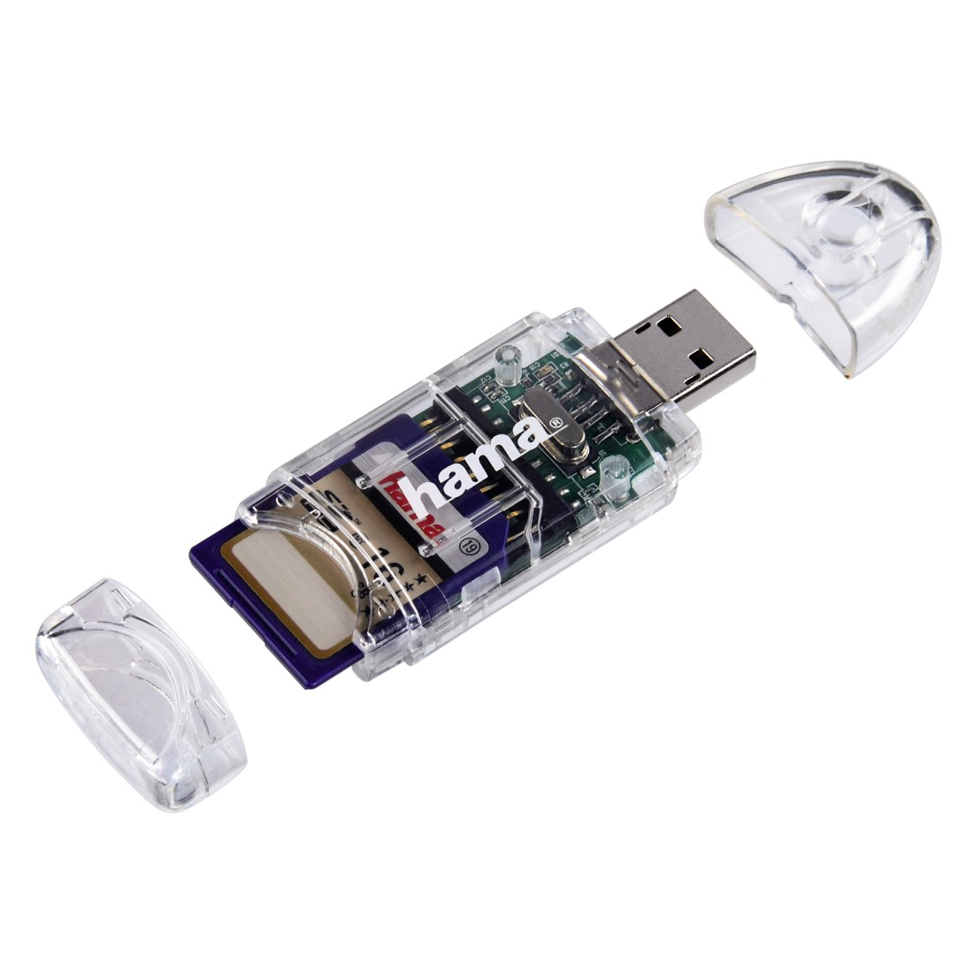 A clear USB card reader with a SD card inserted.