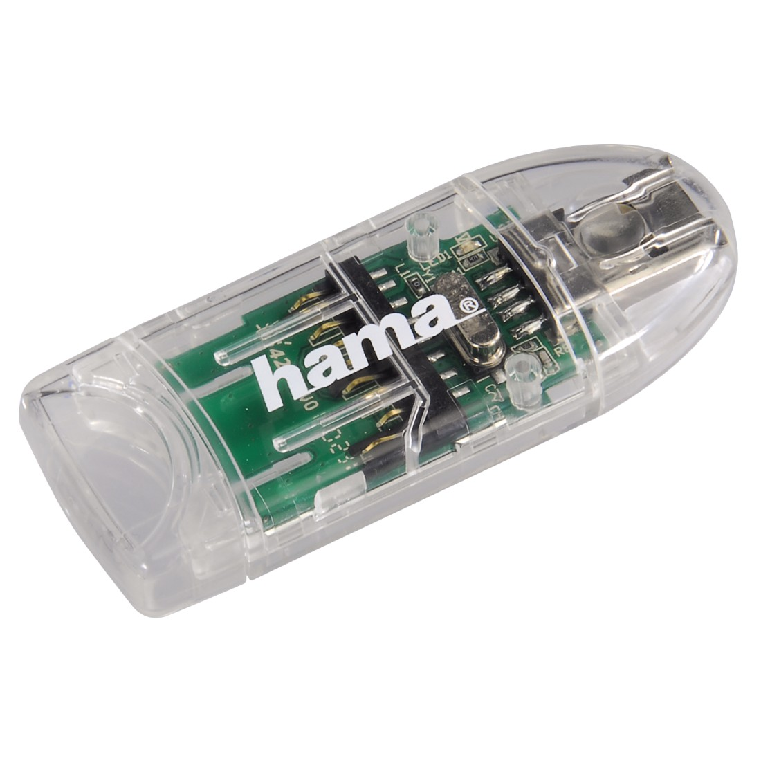 Transparent card reader with a USB connector, showing a green circuit board.