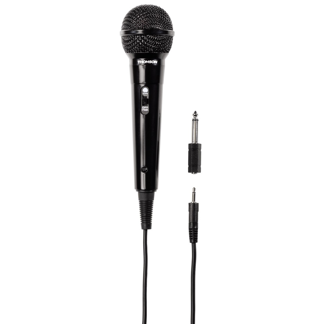 Microphone Thomson noir avec câble et connecteurs.