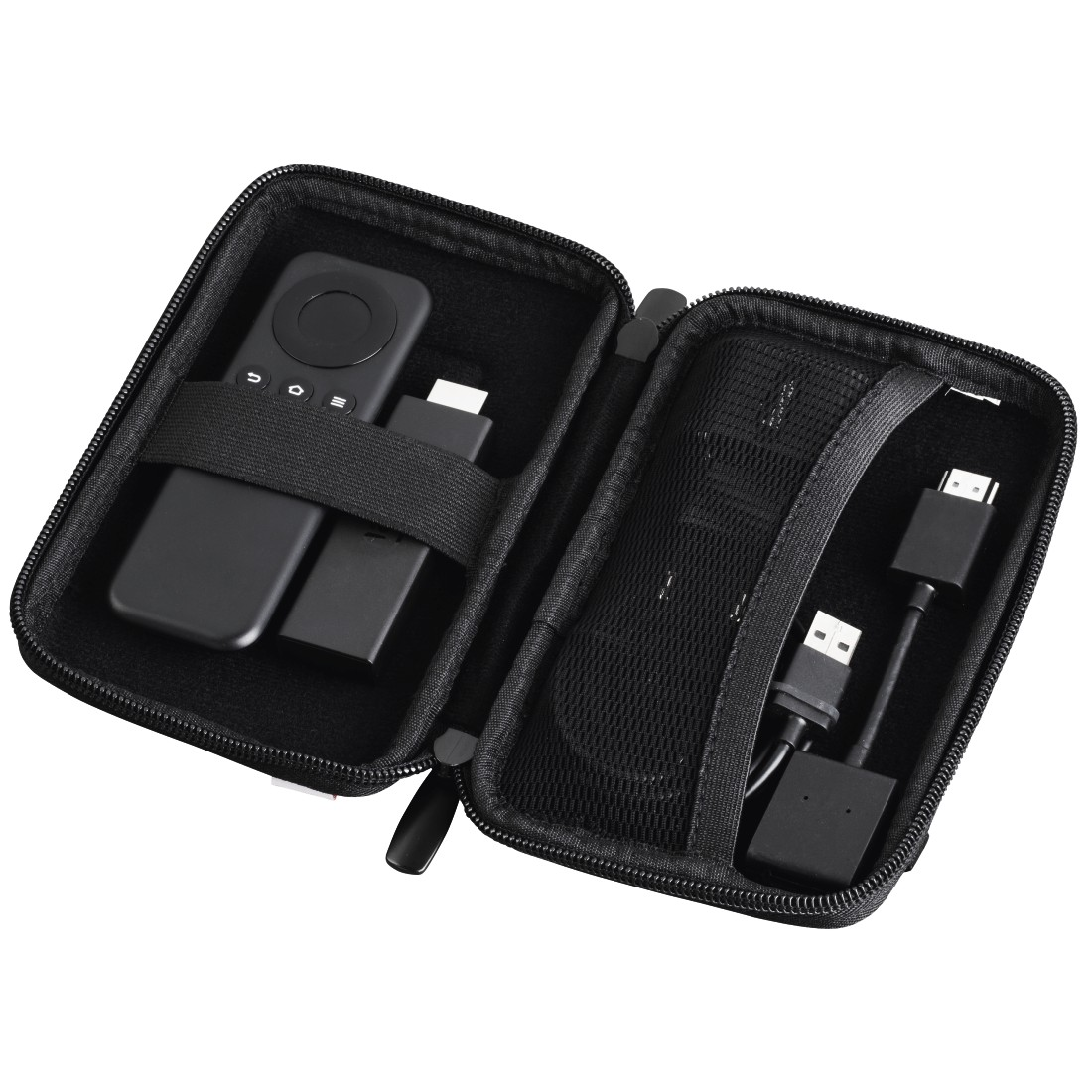 Black carrying case open, holding a remote, adapter, and cables.  Black interior with mesh pocket.
