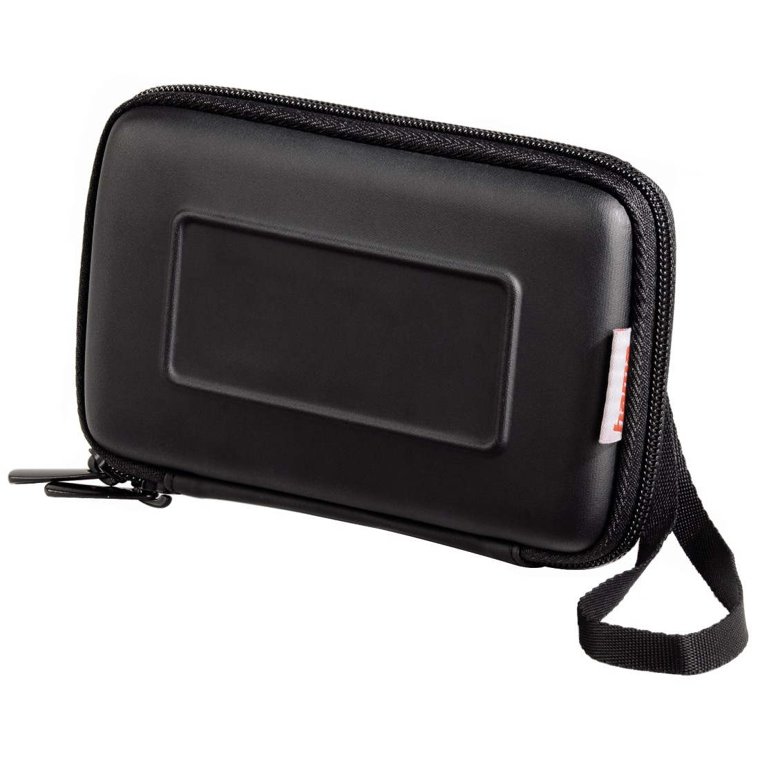 Black hard drive carrying case. The case has a zipper and a handle.