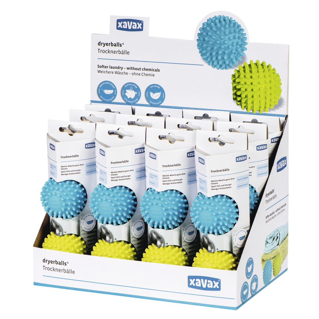 Display of blue and yellow dryer balls in boxes.