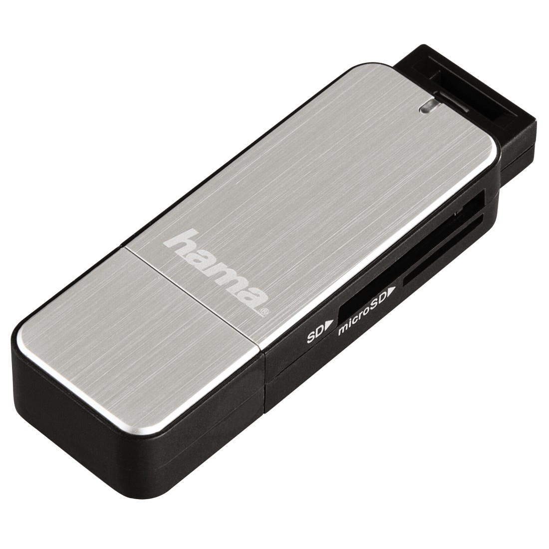 Lecteur de carte argenté et noir. Il possède des fentes pour cartes SD et microSD.