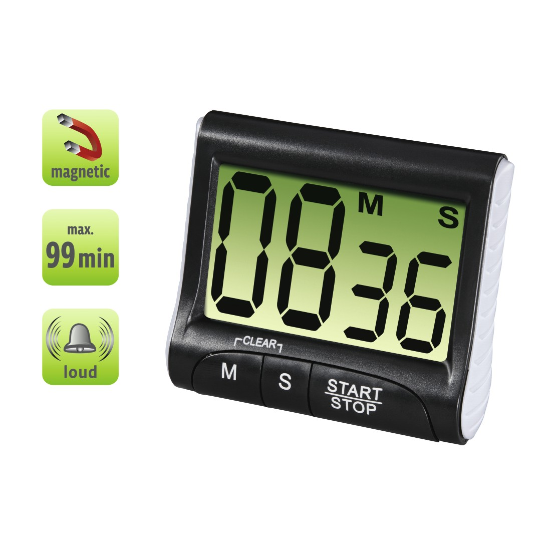 Black kitchen timer with a green display showing 08:36. It has buttons and magnetic and loud indicators.