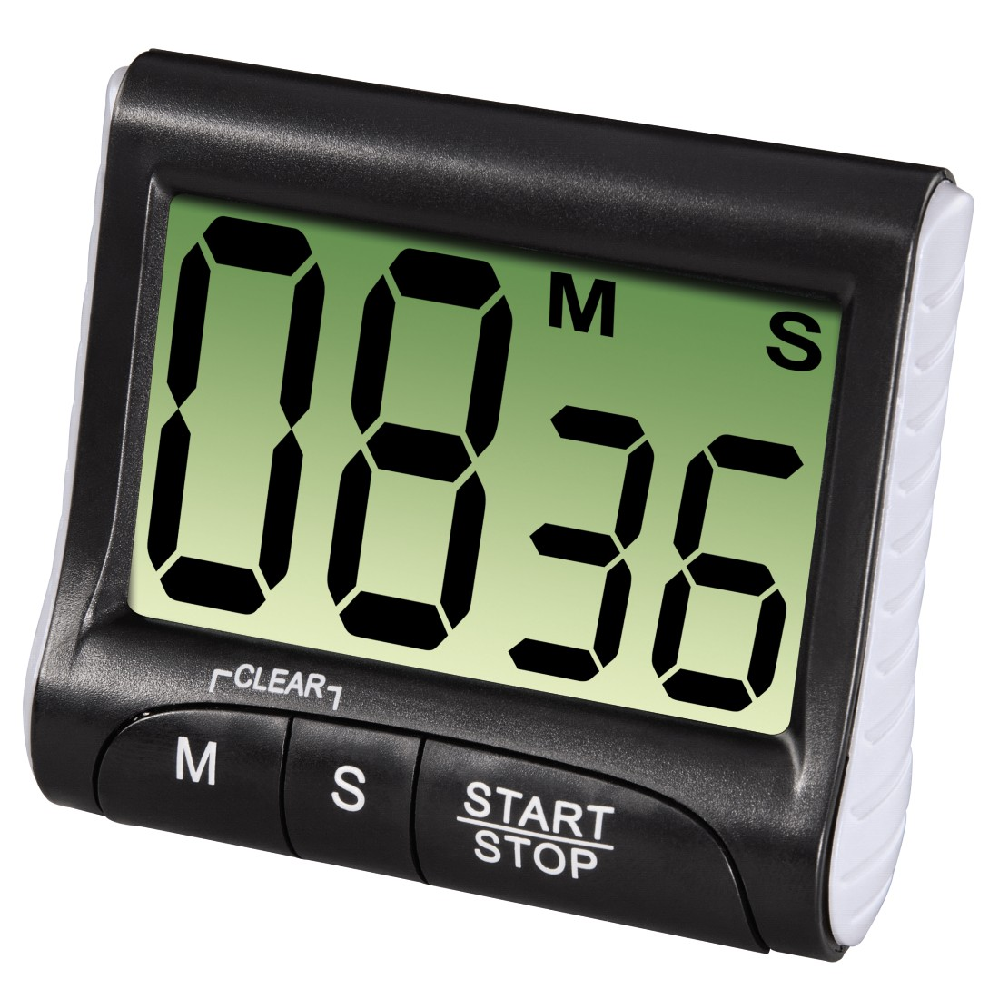 Black digital kitchen timer displaying 08:36 with buttons for start/stop.