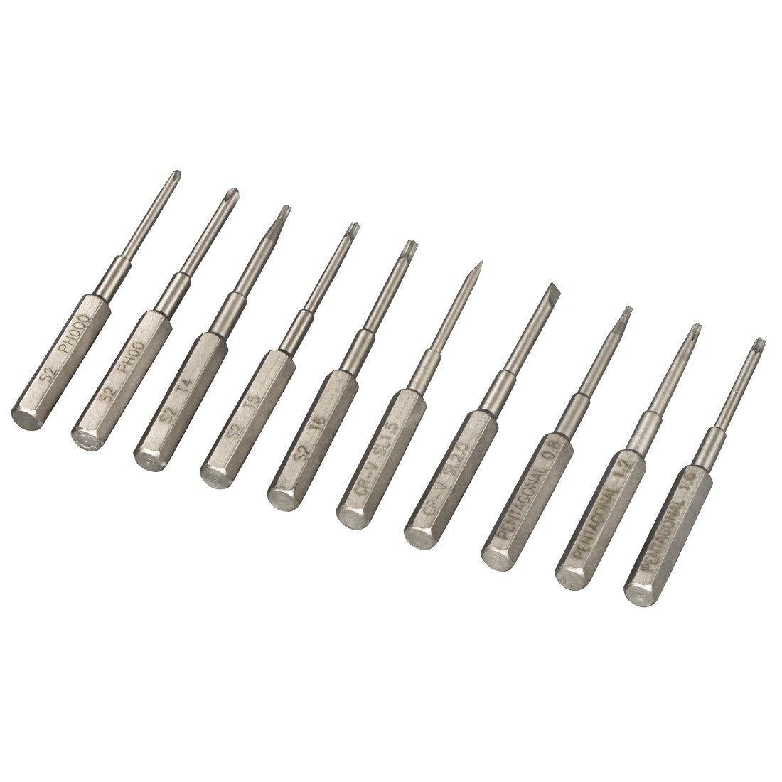Ensemble de petits tournevis de différentes tailles. Ils sont sur fond blanc.