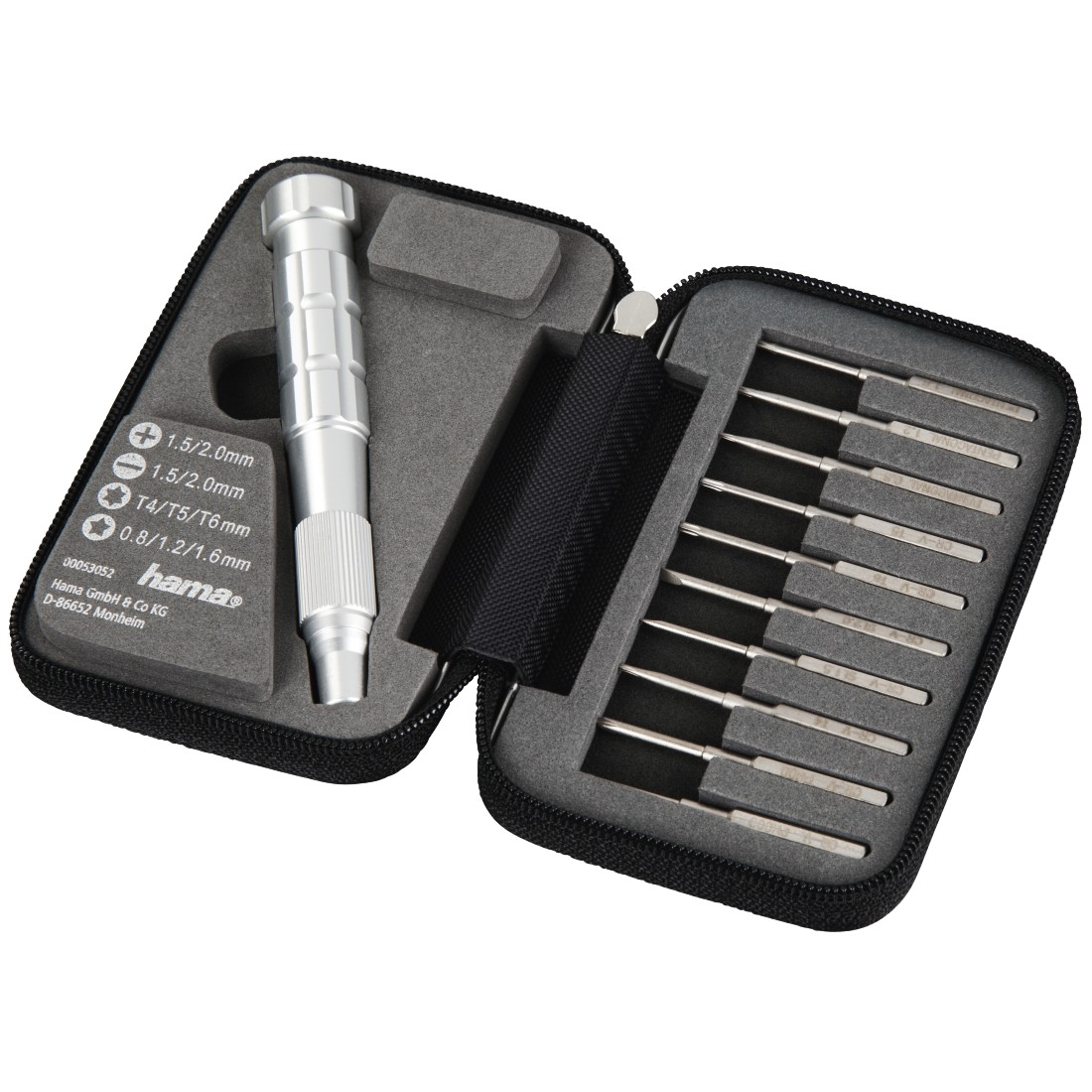 Une trousse à outils Hama, ouverte. Elle comprend un tournevis et plusieurs embouts.