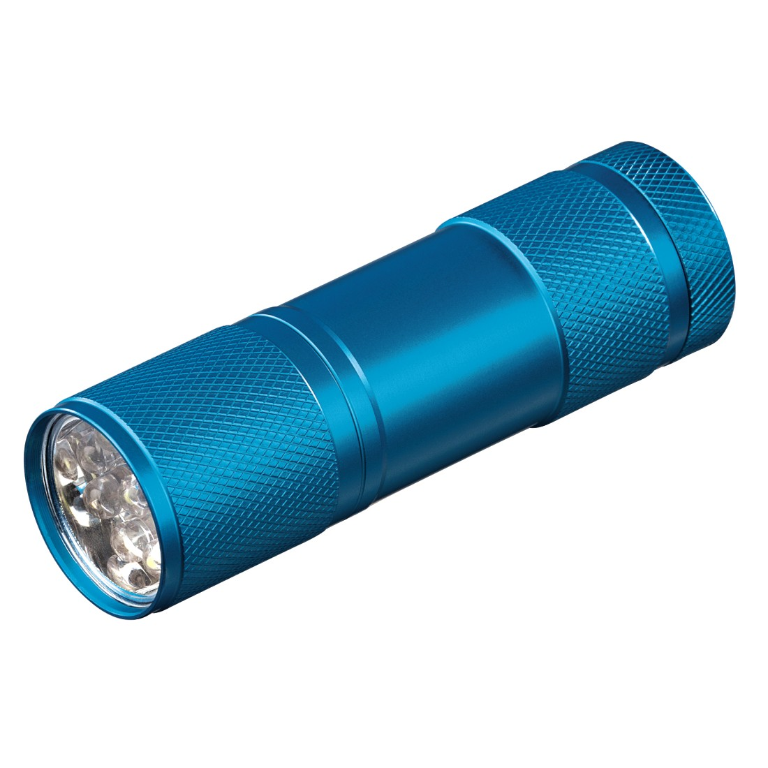 Lampe de poche bleue avec plusieurs LED, isolée sur blanc.