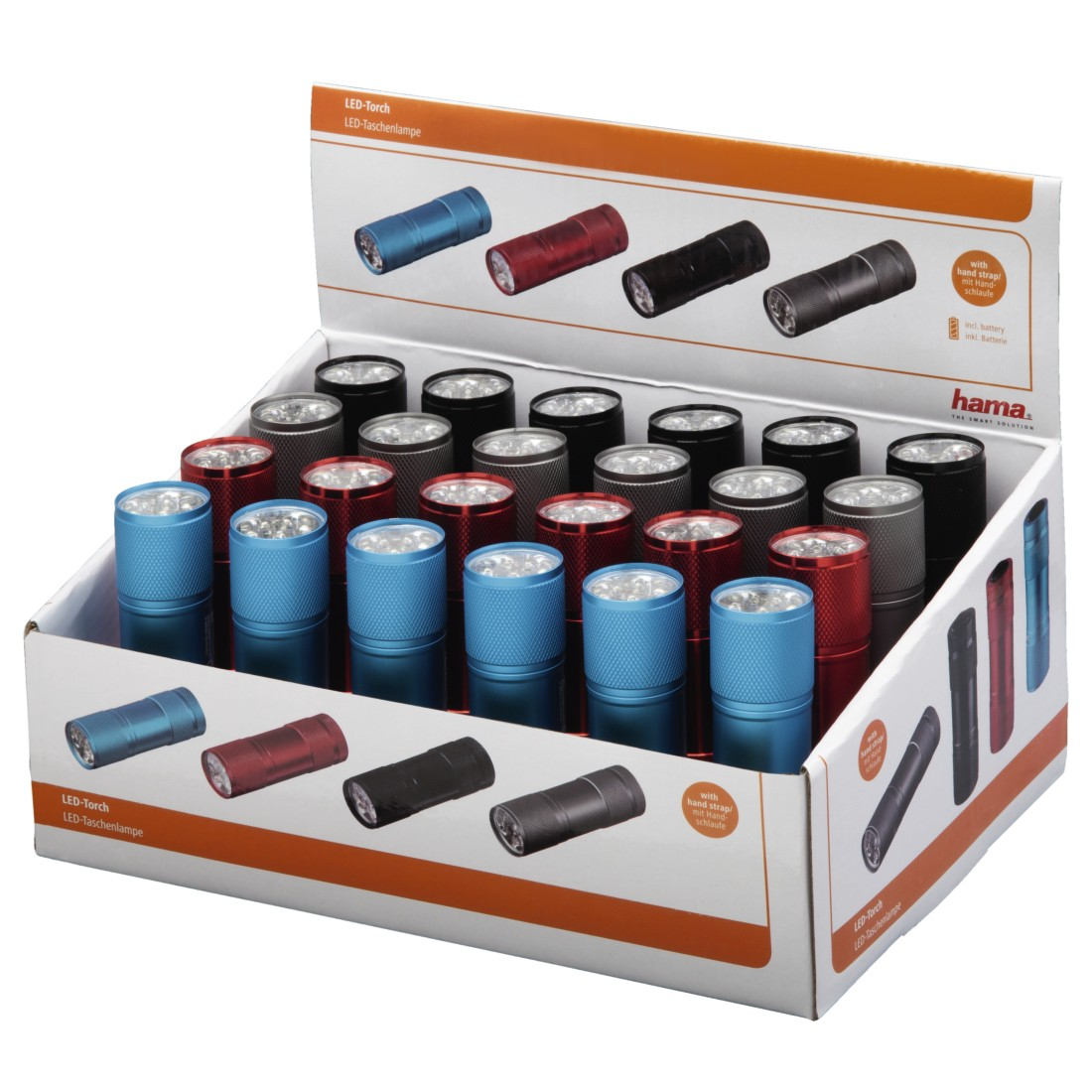 Présentation de plusieurs petites lampes de poche LED colorées dans une boîte de vente au détail.