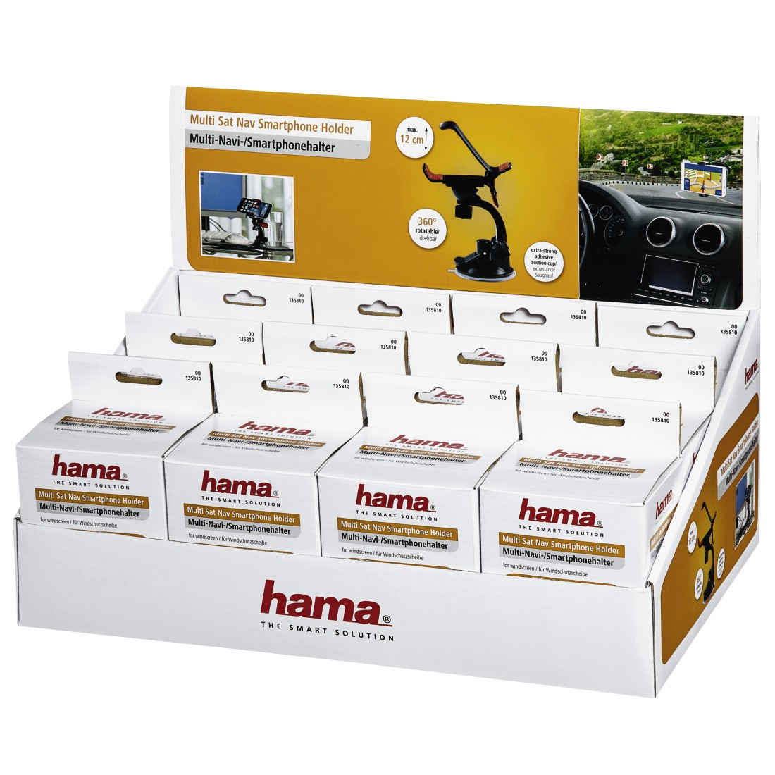 Présentoir de produits de support de téléphone de voiture disposés sur un comptoir.