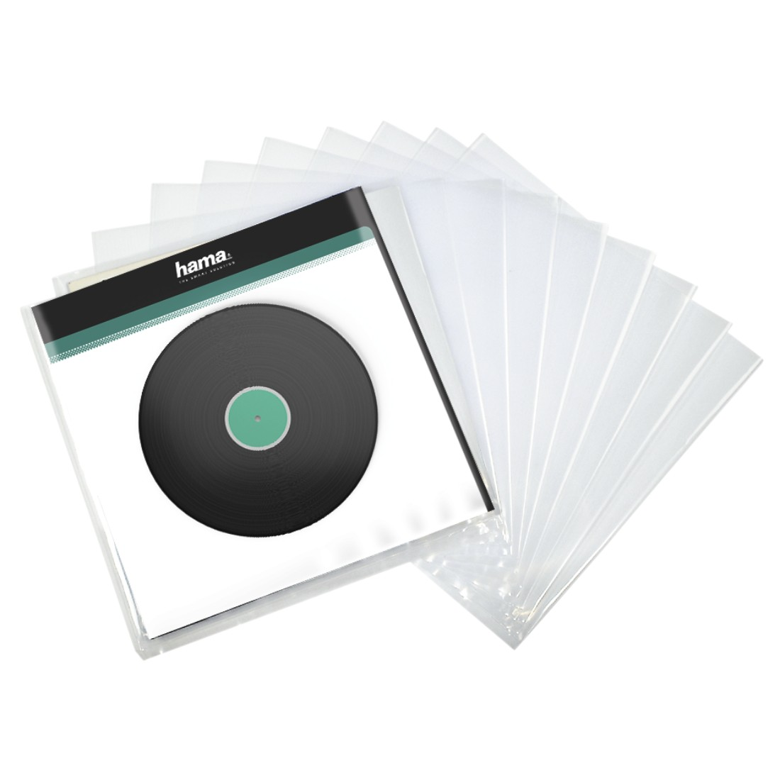 Vinyl record in clear plastic sleeve with other sleeves. White background.