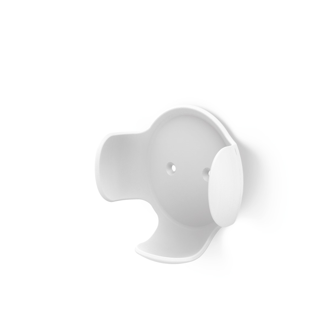 Witte Google Nest Mini muurbevestiging. Het heeft een afgeronde vorm met een gebogen houder.