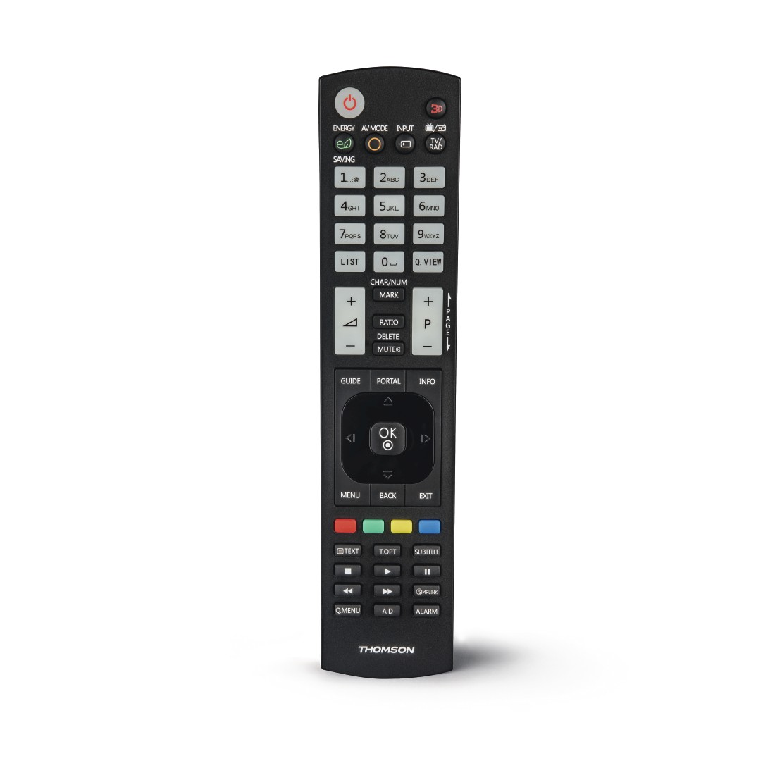Een zwarte tv-afstandsbediening met veel knoppen.