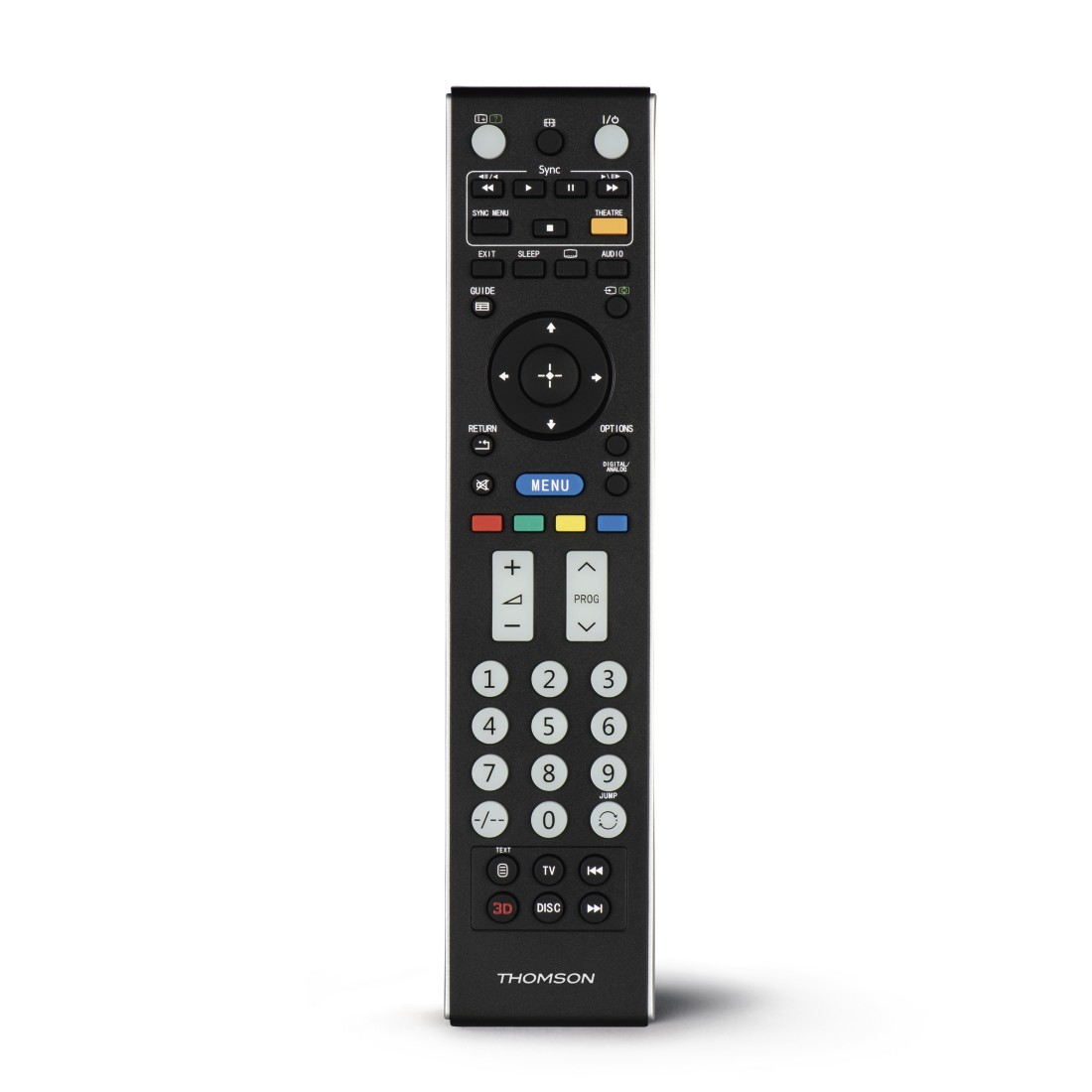 Télécommande Thomson, noire avec de nombreux boutons, accents argentés, fond blanc.