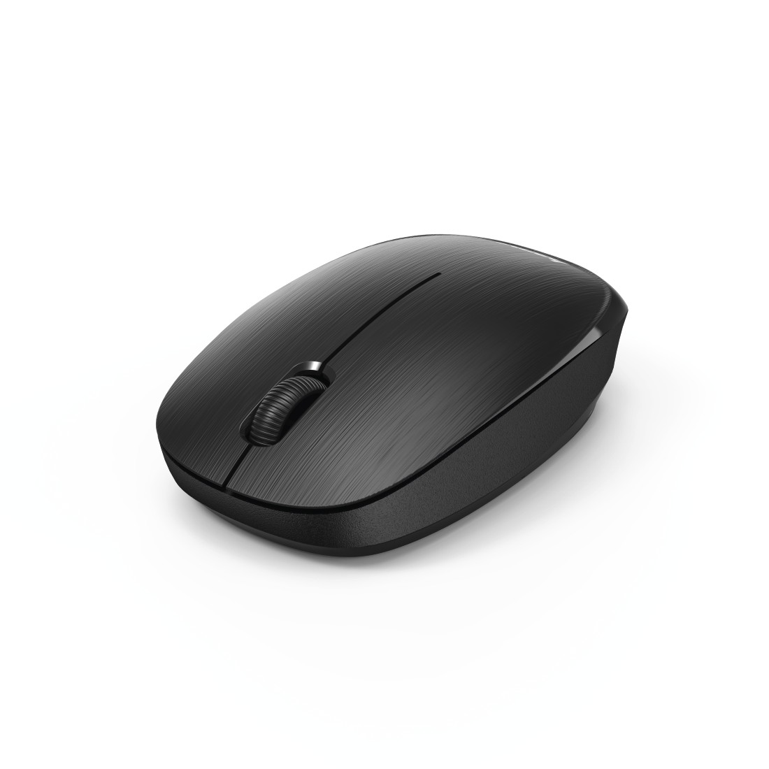 A black wireless mouse on a white background is displayed.