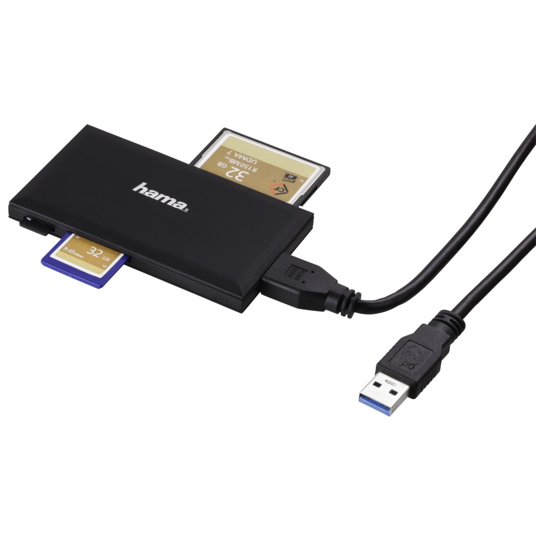 Black Hama card reader with SD and Micro SD cards inserted, connected to a USB cable.