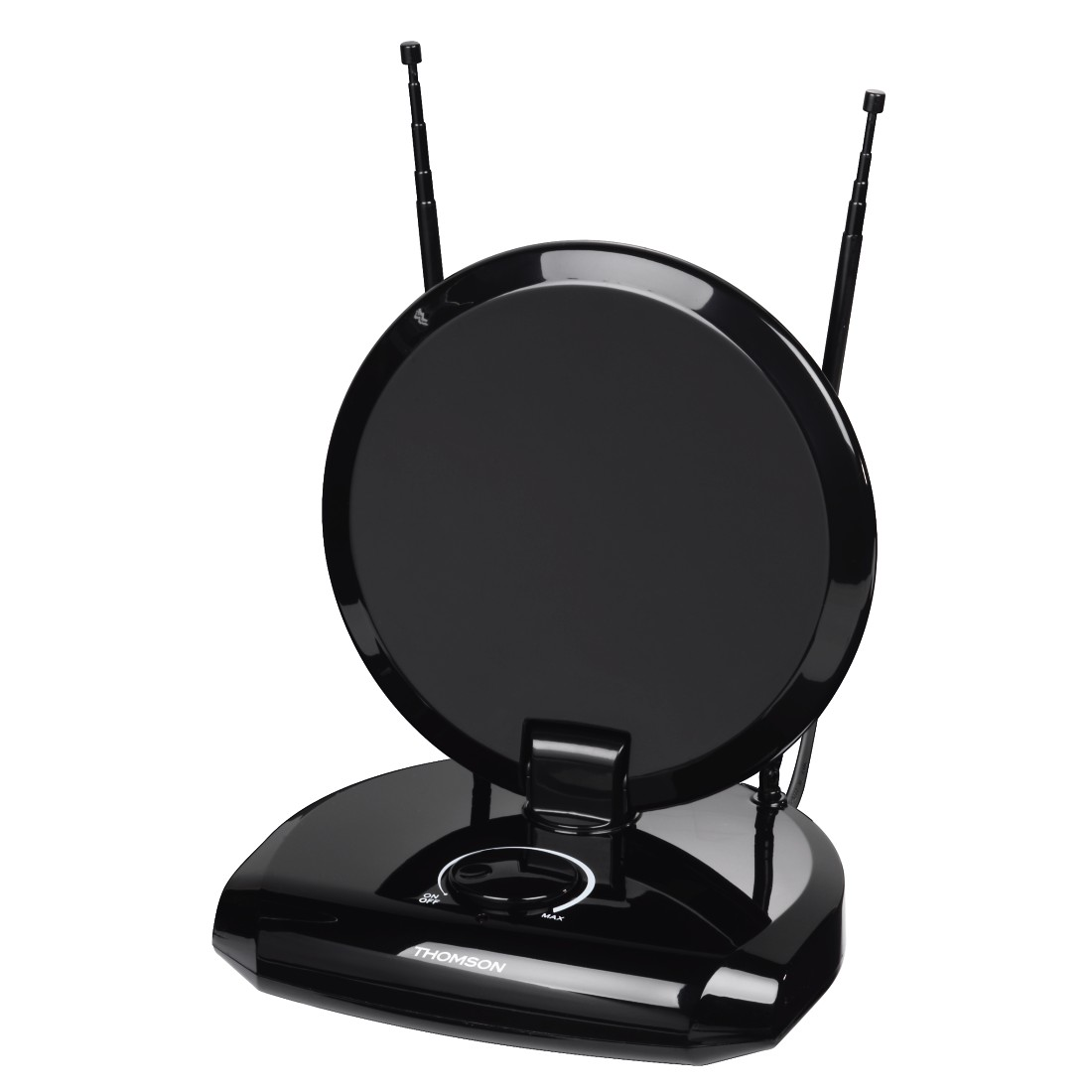 Antenne TV Thomson noire avec deux antennes extensibles sur un socle, avec un cadran pour le réglage.