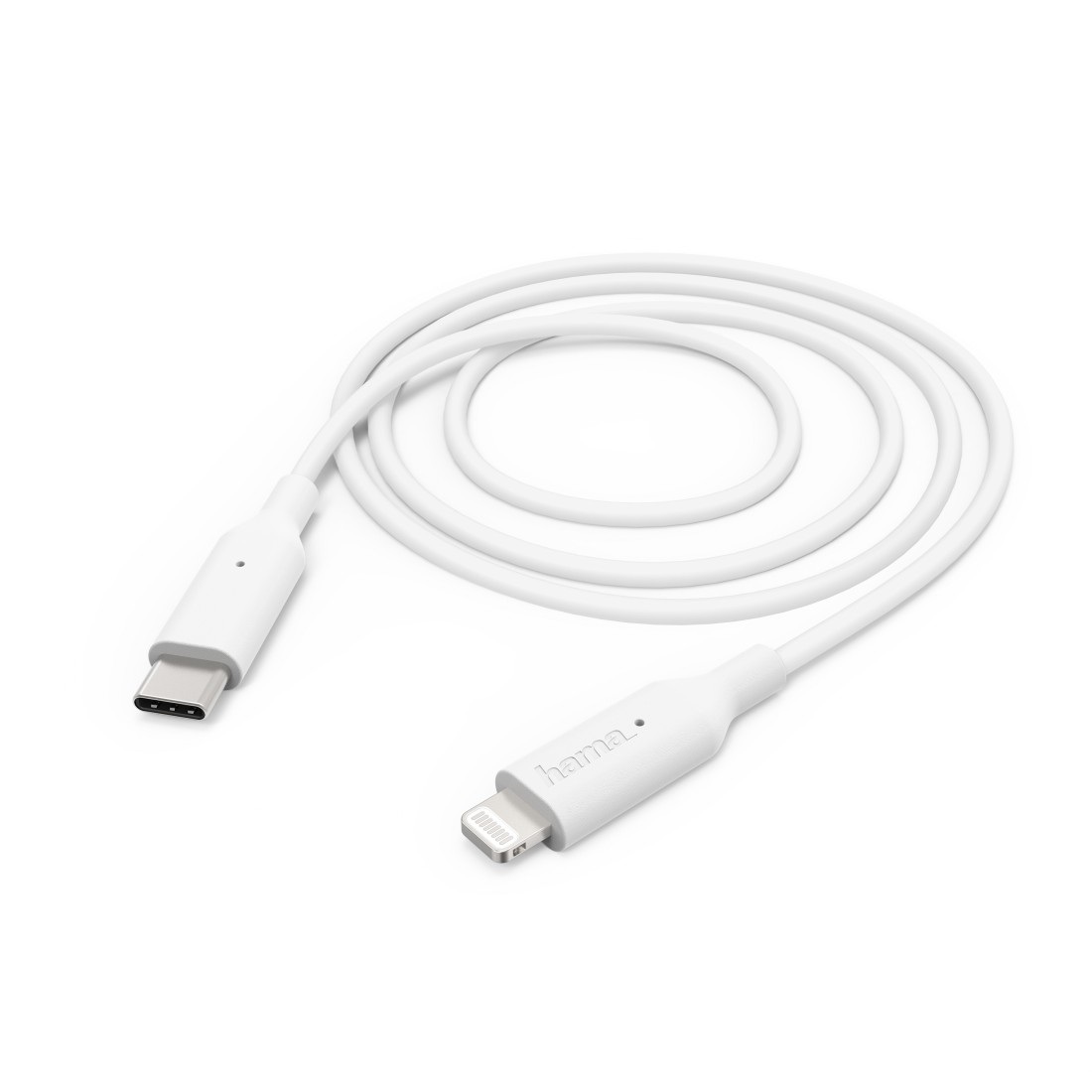 A white USB-C to Lightning cable is displayed against a white background.