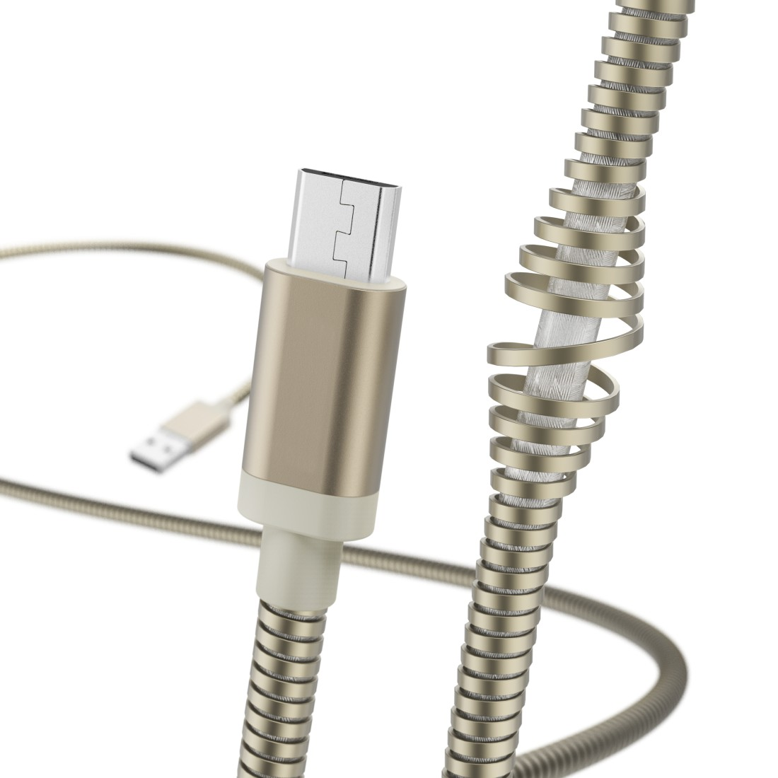 Un câble USB-C doré avec un connecteur argenté et un connecteur USB standard.