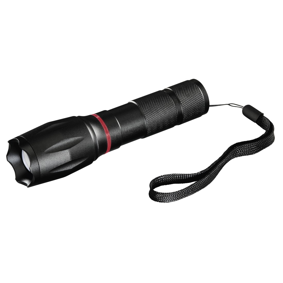 Une lampe de poche noire avec un anneau rouge, une dragonne et un faisceau lumineux blanc.