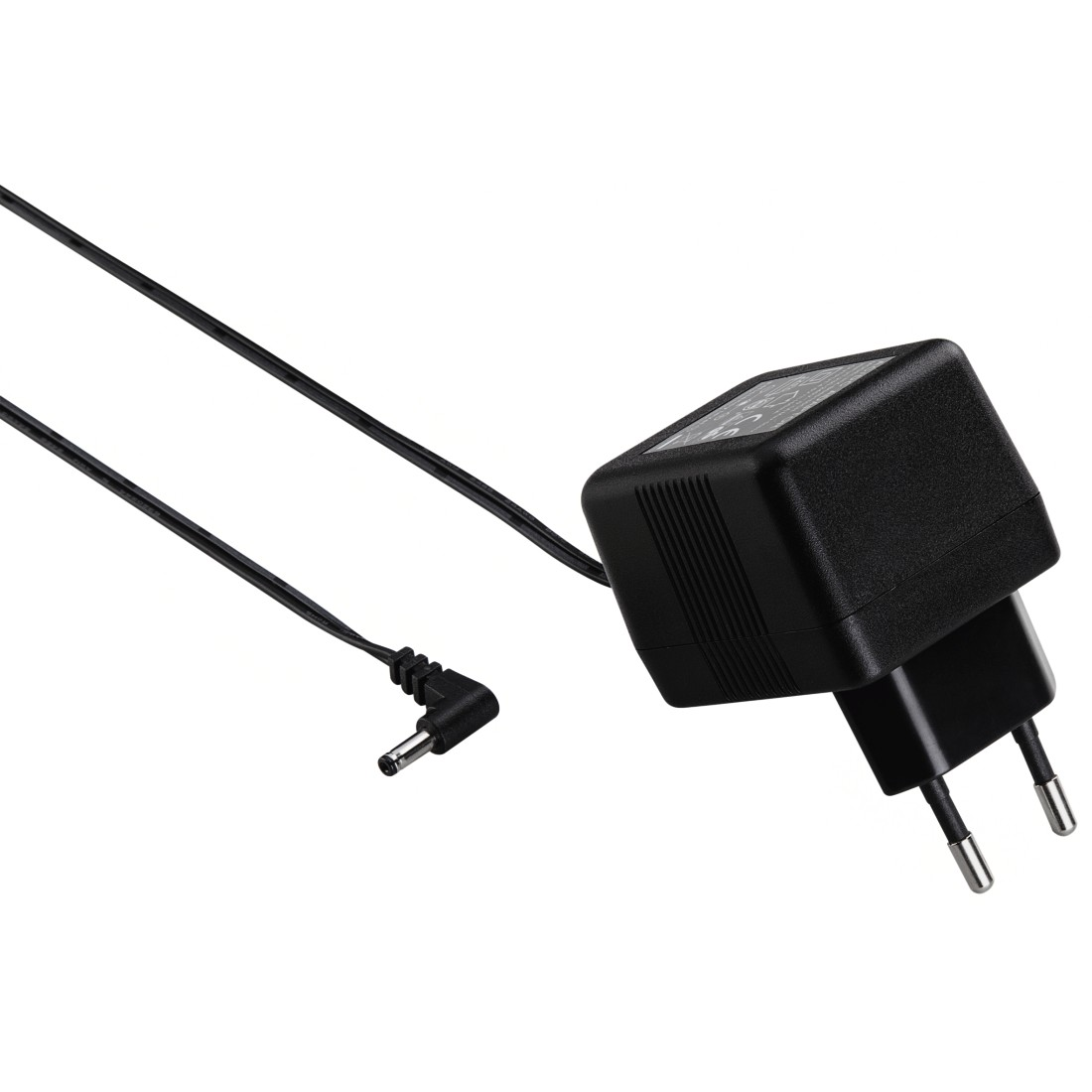 A black power adapter with a black cord and an angled connector. White background.