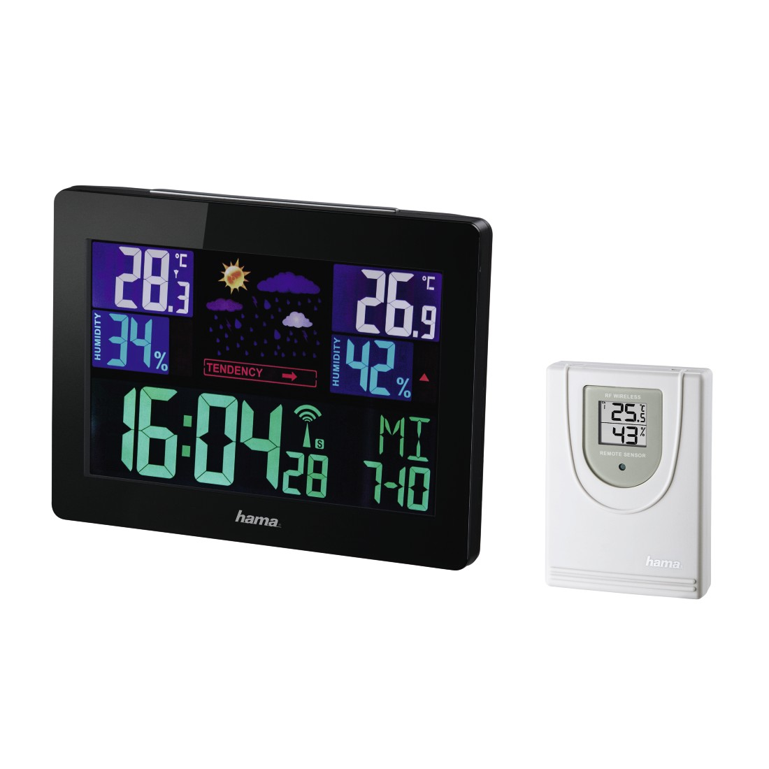 Black Hama weather station with display showing temperature, humidity, and time with a white sensor.