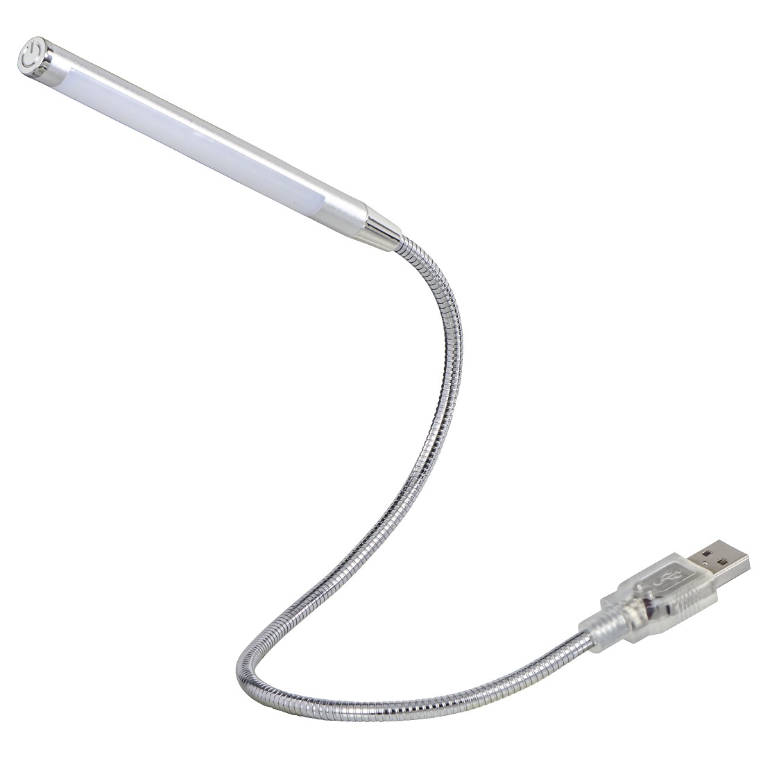 Een flexibele zilverkleurige USB LED-lamp met wit licht. De USB-connector zit aan het einde van de kabel.