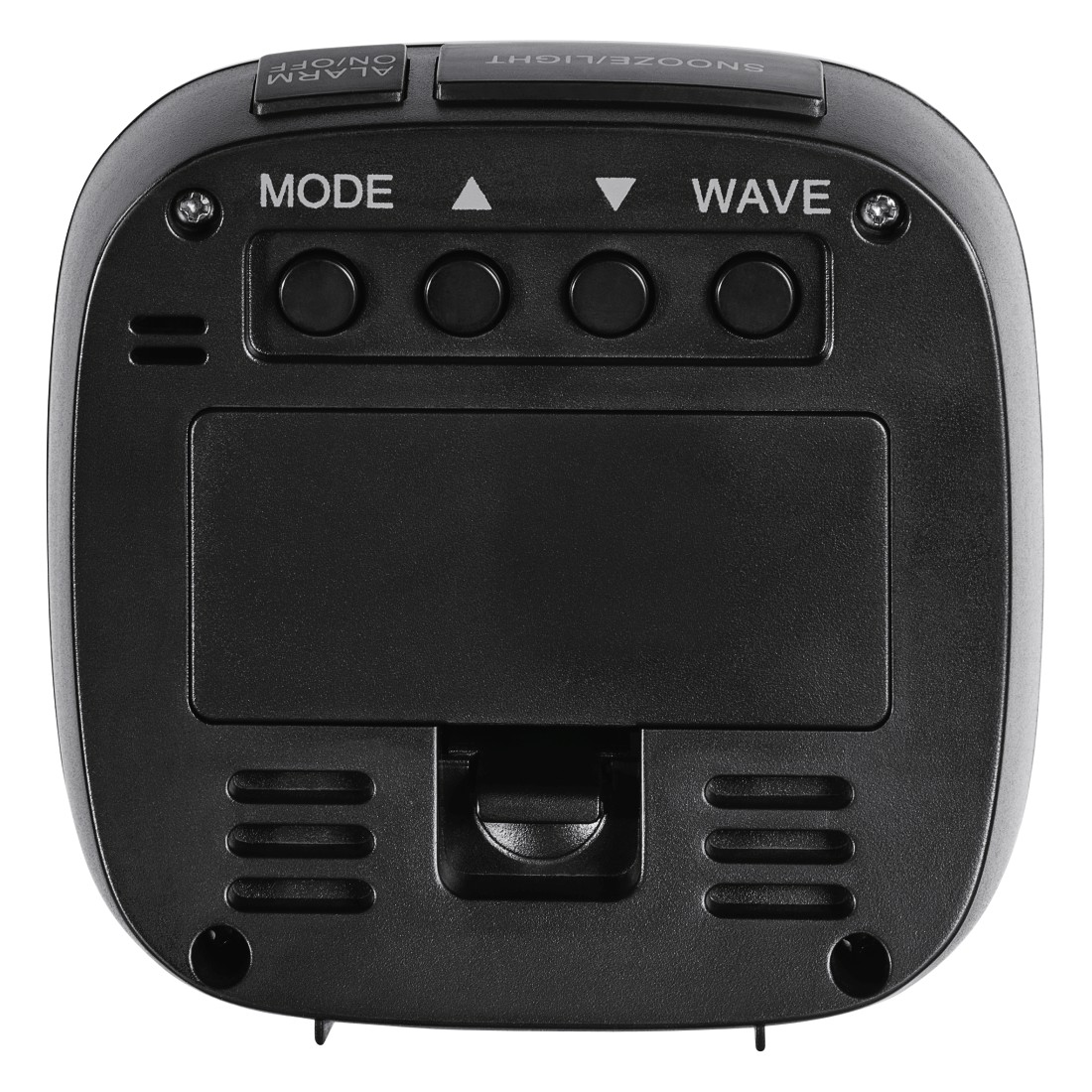 Black digital clock with buttons for mode, up, down, and wave.
