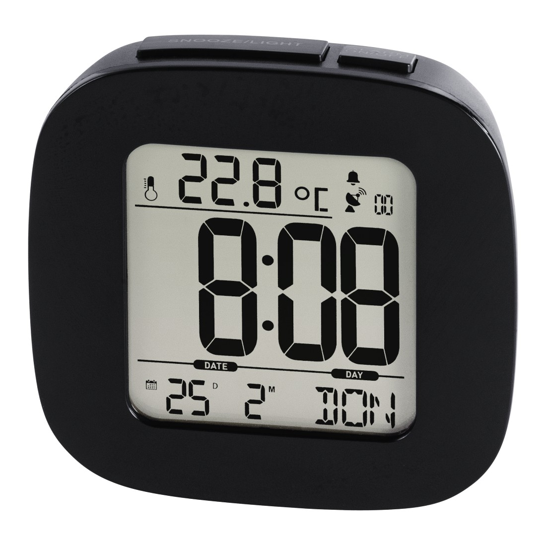 Black digital alarm clock displaying the time and date on a white screen.