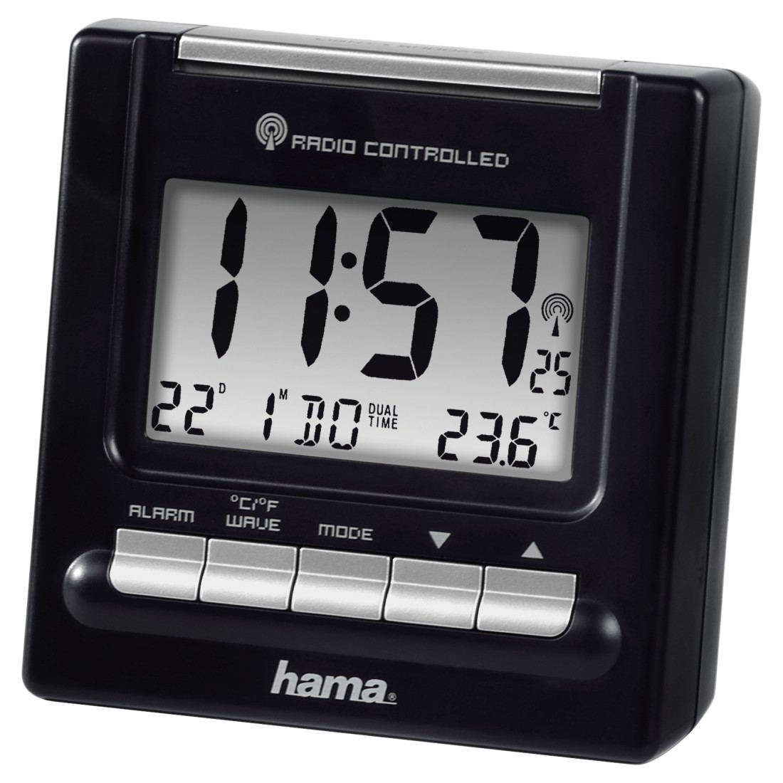 A black radio-controlled alarm clock displaying time and date.