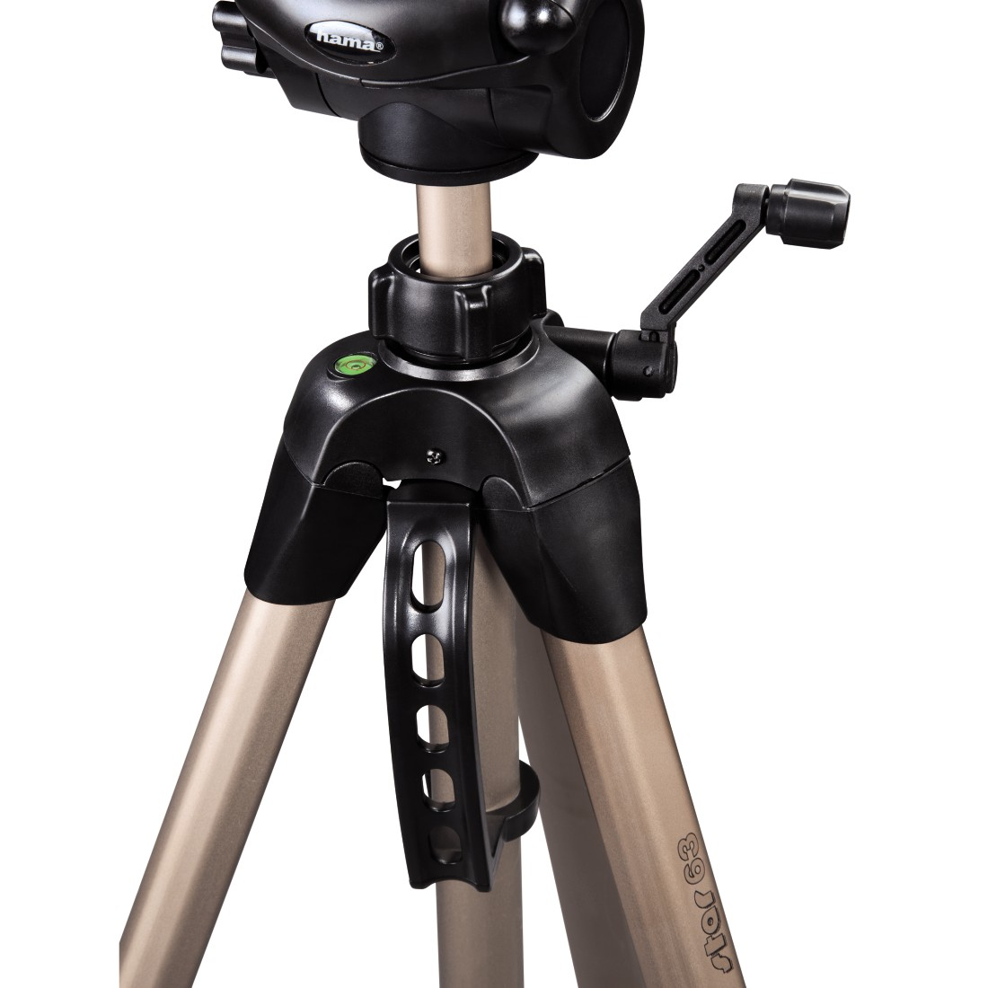 A black and gold camera tripod with a handle, a bubble level, and a leg brace.